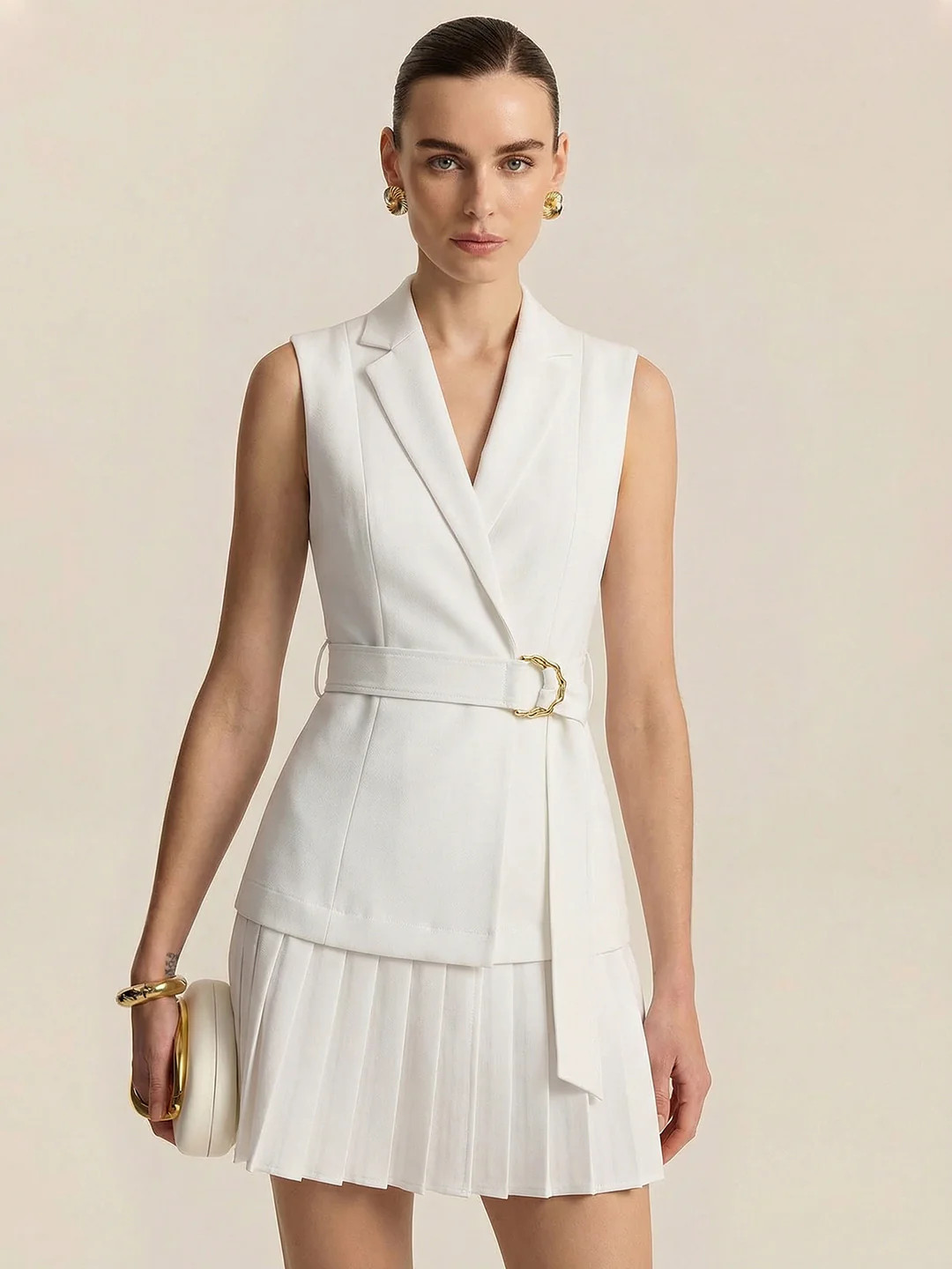 Belted Pleated Sleeveless Blazer Mini Dress | Commense