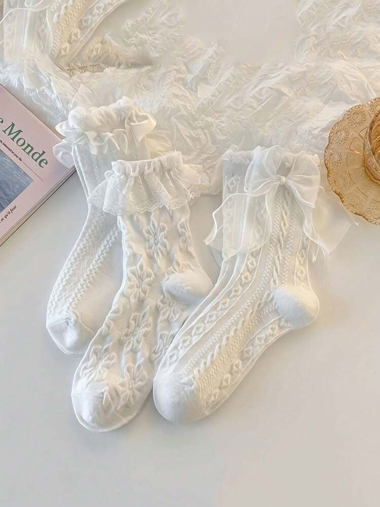 6 Double Texture Lace Embellished Socks, Lovely And Soft Socks For Women's Mid-Tube Socks Valentine's Day Valentines | SHEIN