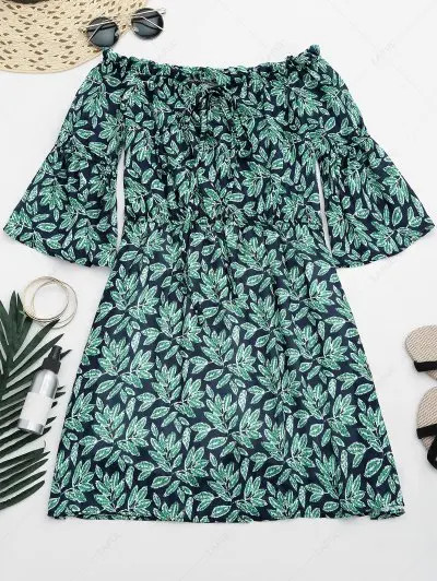 Off Shoulder Leaves Print Mini A Line Dress | ZAFUL (Global)