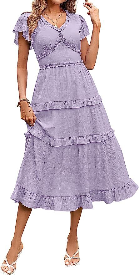 MEROKEETY Womens 2023 Summer Casual V Neck Flutter Sleeve High Waist Ruffle Tiered Midi Dress | Amazon (US)