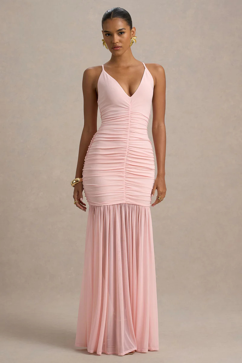 Pasqualina  Pink Ruched Plunge-Neck Maxi Dress | Club L London