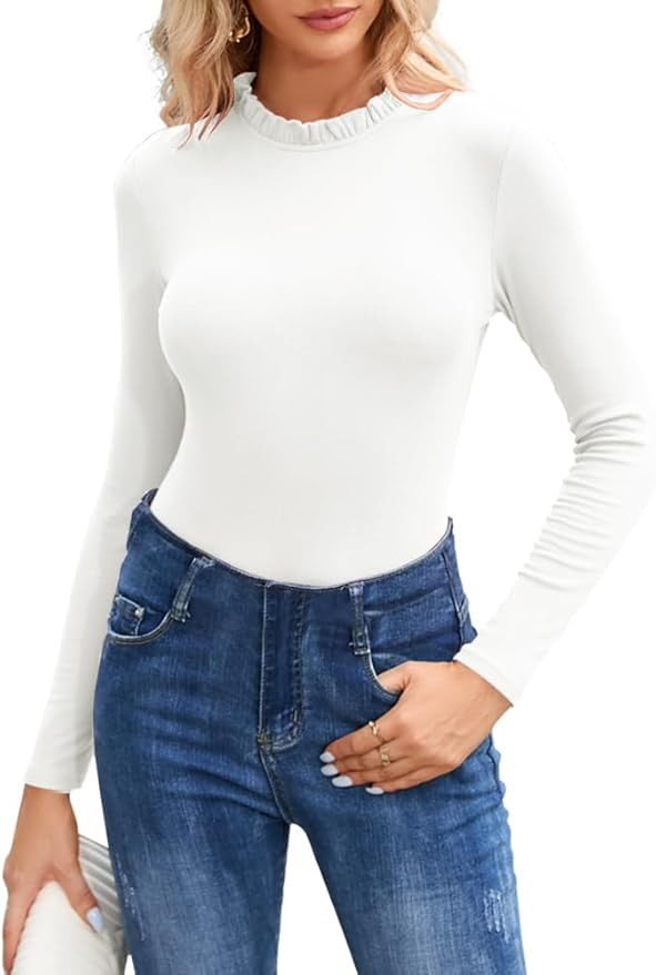 oten Women's Long Sleeve Ruffle Mock Turtle Neck Bodysuit Ribbed Slim Fit Basic Leotards Tops | Amazon (US)