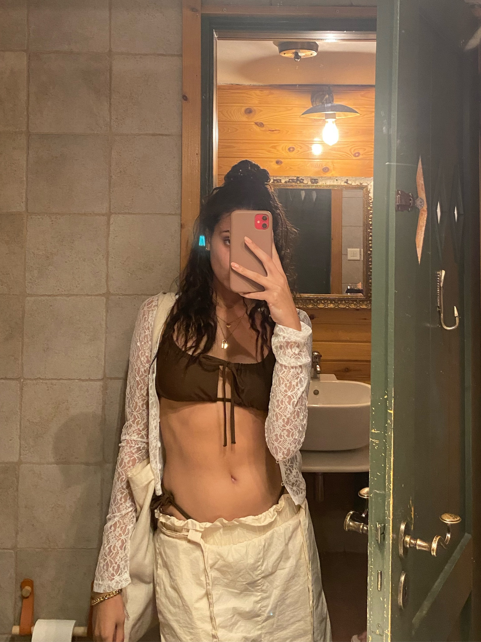 Bikini brown bikini lace top lace shacket lace overtop brown top brown bottoms gold jewelry 