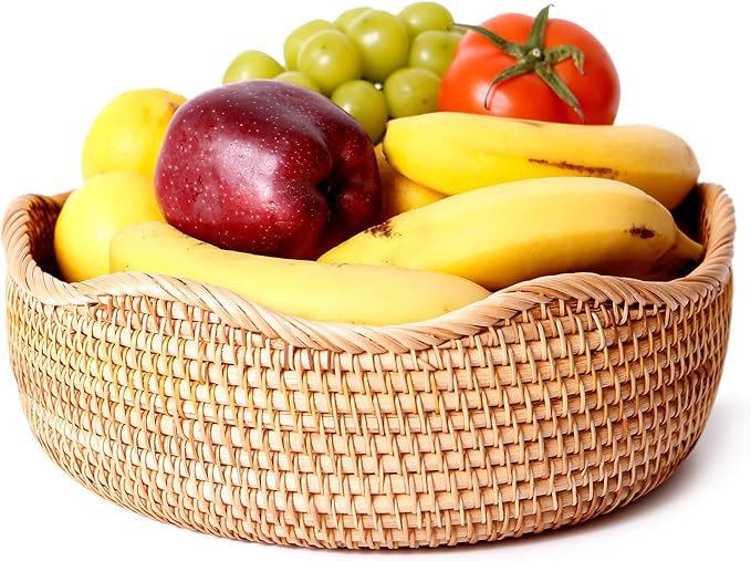 Rattan Woven Fruit Basket, Natural Round Bread Basket, Decorative Fruit Bowl for Kitchen Counter,... | Amazon (US)