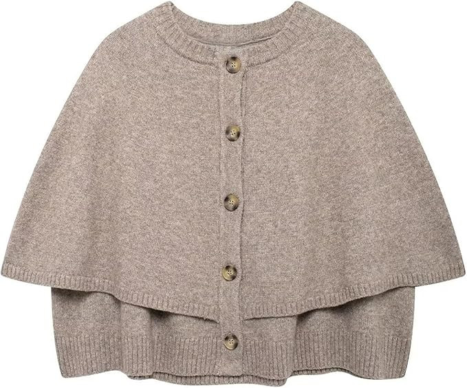 HOULENGS Women's Round Neck Knitted Shawl Cardigan Sweater Half Sleeve Button Cropped Cape Sweate... | Amazon (US)