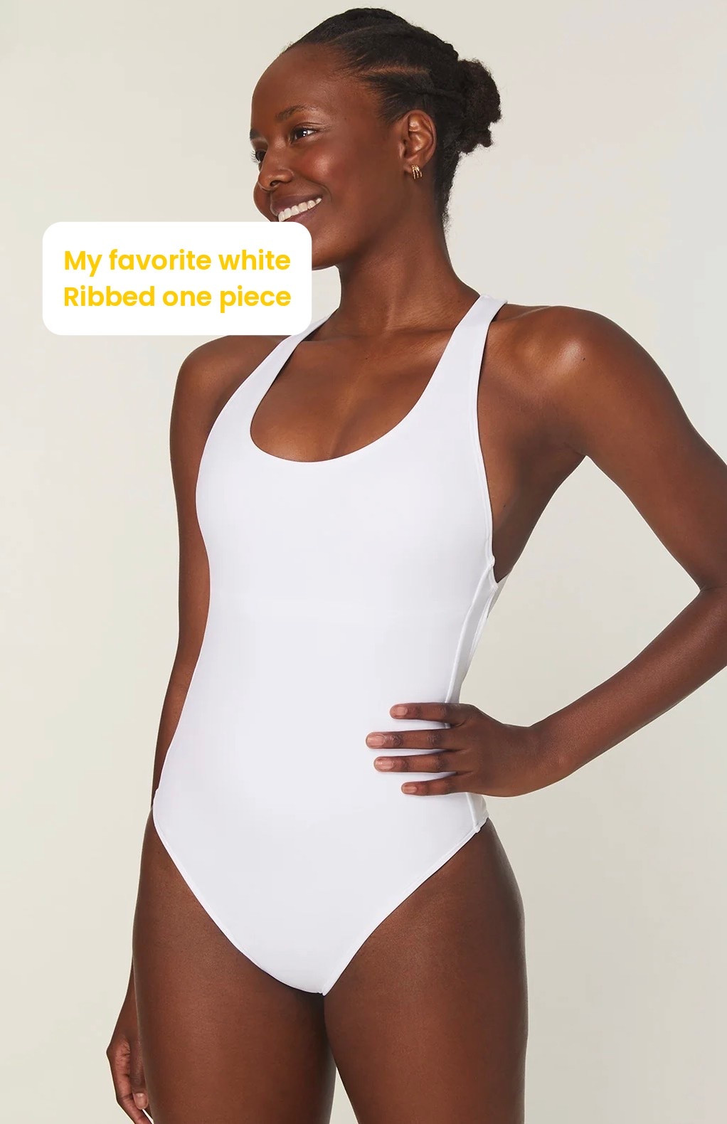 This white one piece is so flattering and I’ve had it for years.  It has built-in cups, so it has great support in the chest, and I love the crisscross back detail.
Runs true to size

Swimwear / pool / beach