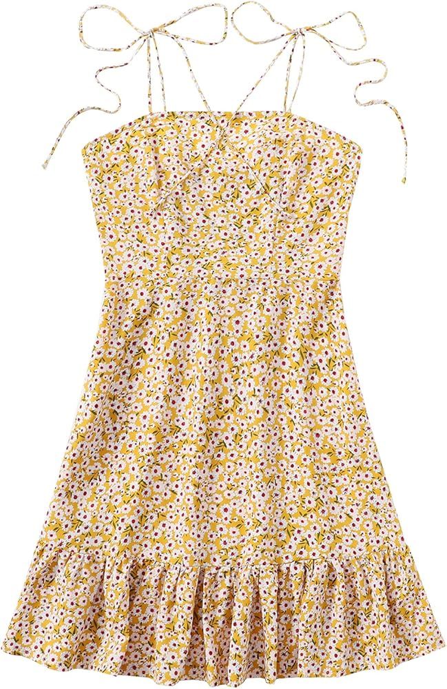 SheIn Women's Summer Floral Ruffle Mini Dress Sleeveless Tie Shoulder A Line Flare Short Dresses Bea | Amazon (US)