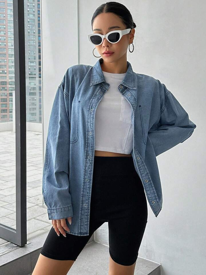 DAZY Drop Shoulder Contrast Stitch Denim Shirt | SHEIN