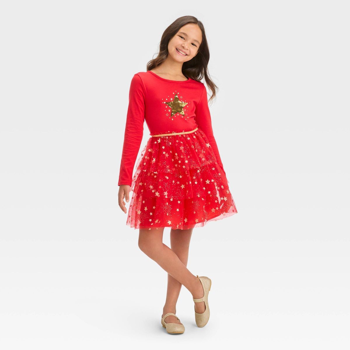 Girls' Long Sleeve Star Tiered Tulle Dress - Cat & Jack™ Red | Target