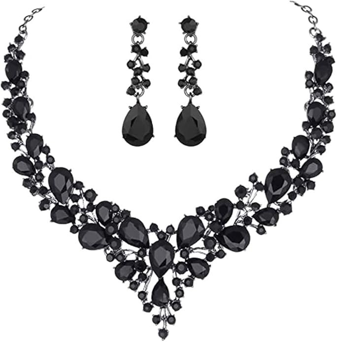Clear Crystal Rib Statement Necklace Earrings Set Spark Rhinestone women Jewelry Set Chunky Brida... | Amazon (US)