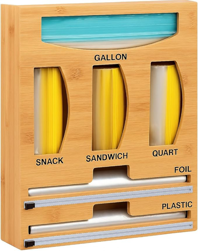 Ziplock Bag Organizer and Plastic Wrap Dispenser with Cutter, 6 IN 1 Bamboo Aluminum Foil and Pla... | Amazon (US)