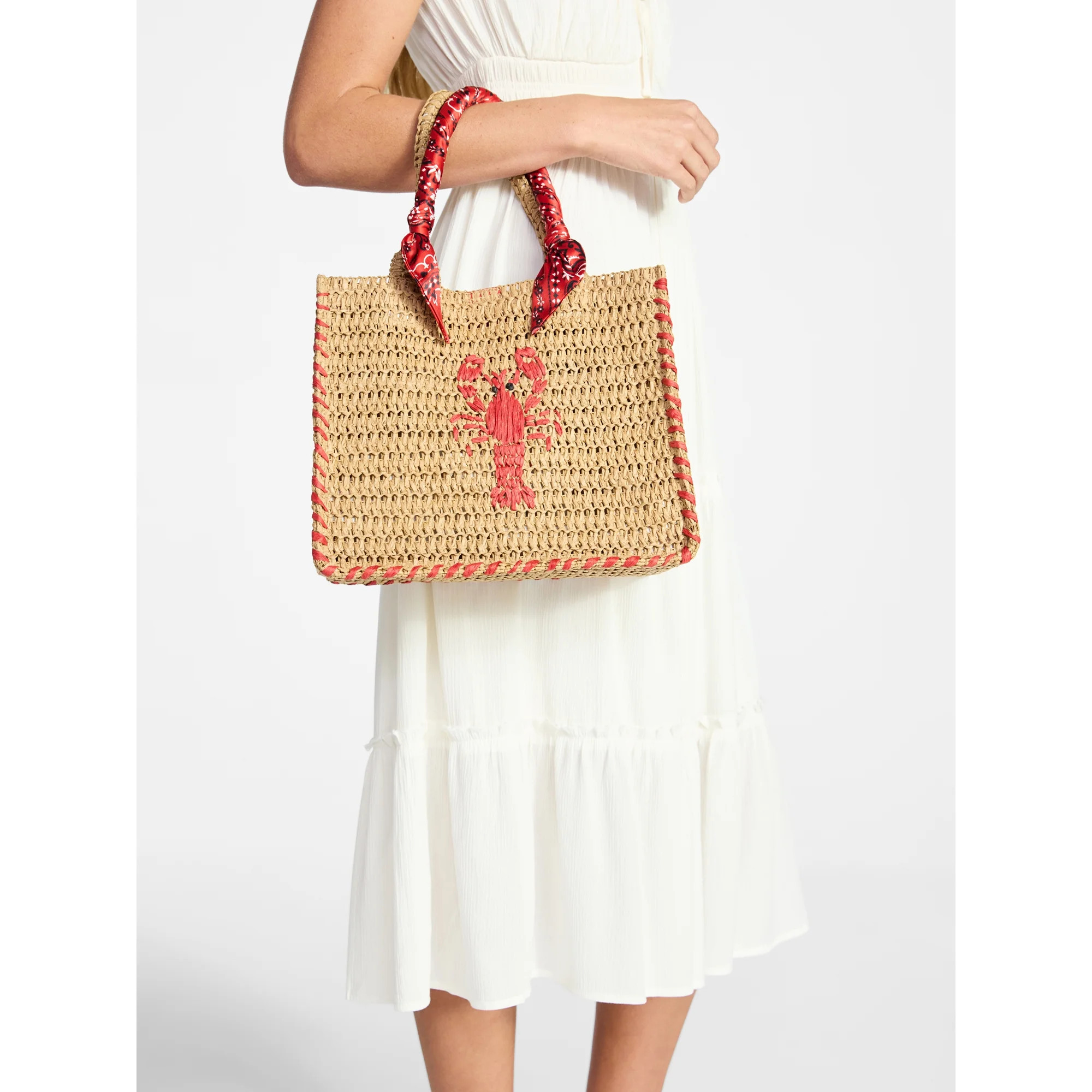 No Boundaries Women's Beach Icons Mini Straw Tote Bag, Natural with Lobster Embroidery | Walmart (US)