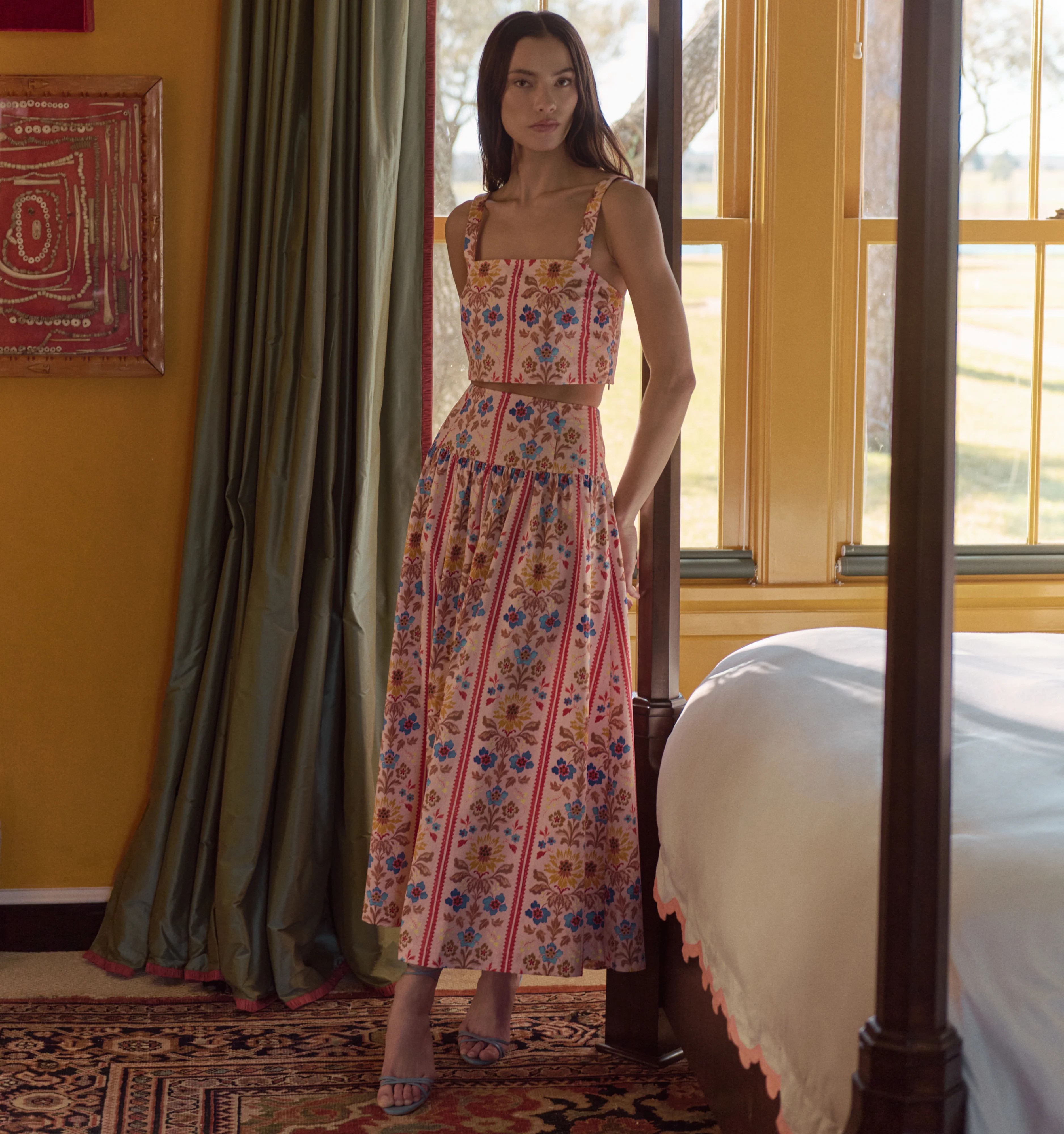 The Kate Midi Skirt - Pink Floral Block Stripe | Hill House Home US