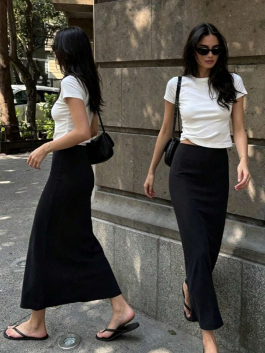 Black Slim Fit Long Straight Skirt, Women's Fashion Polyester Casual Party Skirt, Versatile And Cute, Suitable For Daily Wear, Summer Vacation. Perfect For Beach, Music Festival And Summer Holiday, 90s | SHEIN