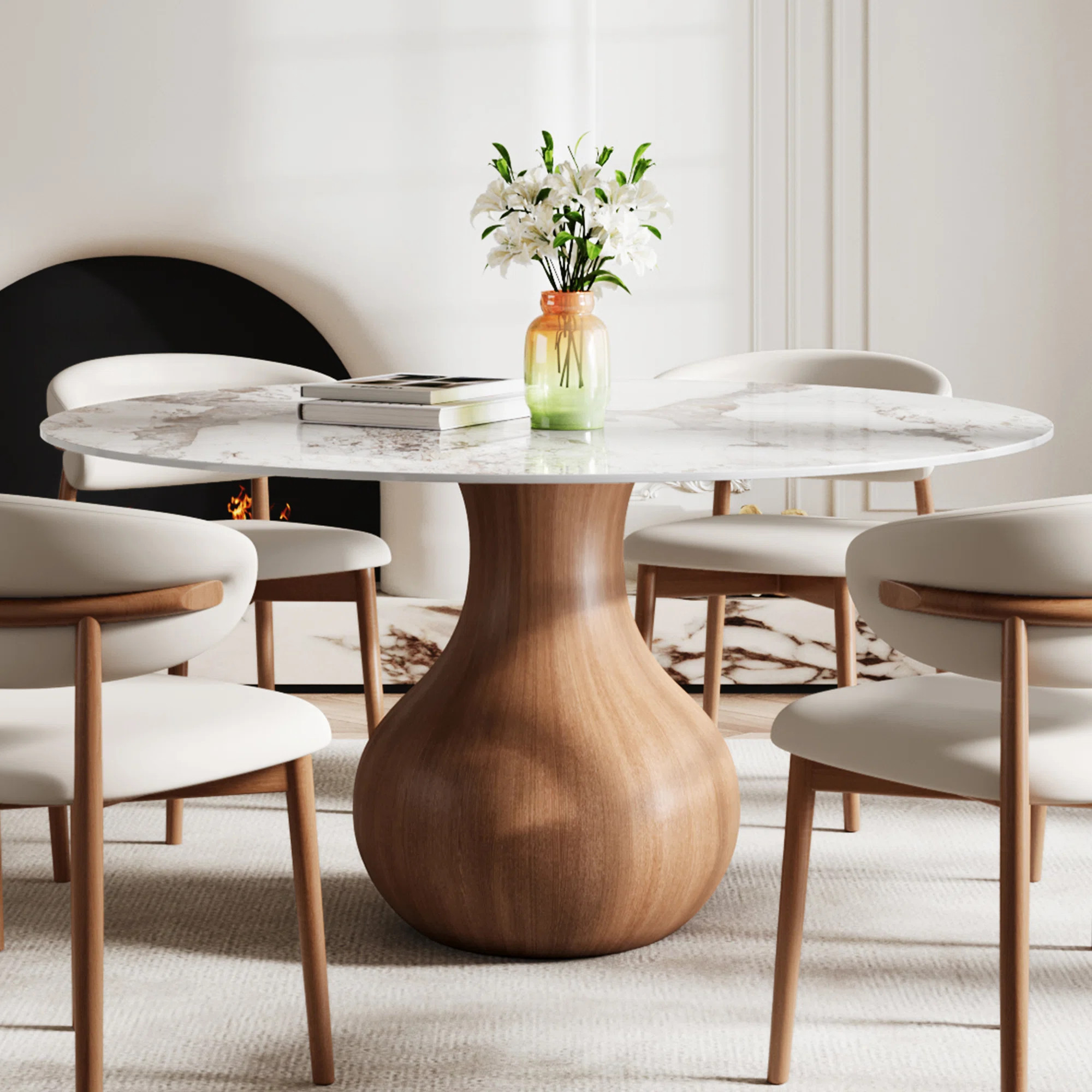 Mid-Century Modern Farmhouse Round Sintered Stone Pedestal Dining Table For 4/6/8/10 | Wayfair North America