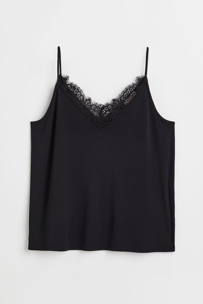 H & M - Lace-trimmed cami top - Black | H&M (UK, MY, IN, SG, PH, TW, HK)