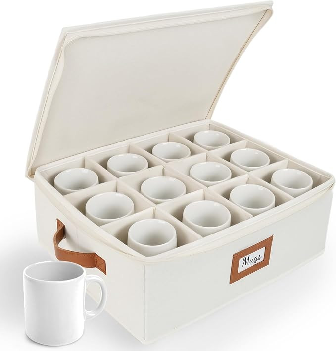 HOMELUX THEORY Coffee Mug Storage with Dividers, Ivory Hard Shell China Storage Containers, Kitch... | Amazon (US)