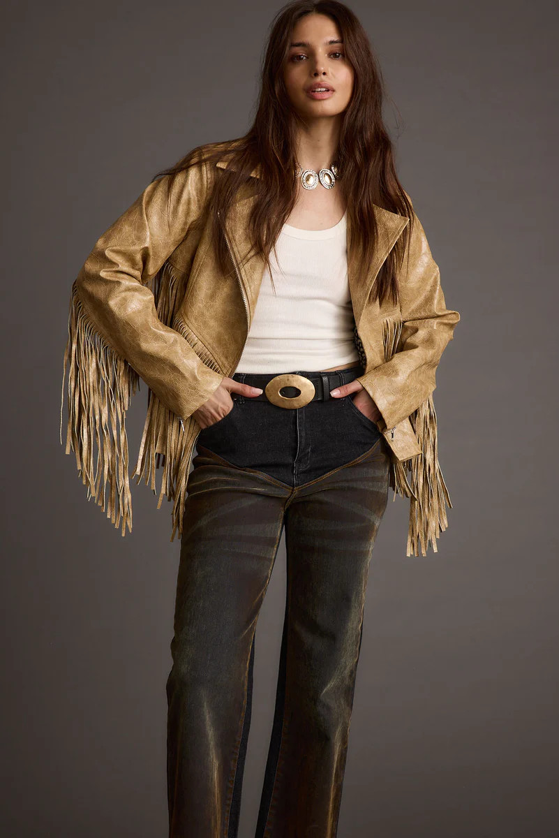 Phoenix Taupe Vegan Leather Moto Fringe Jacket | 12th Tribe