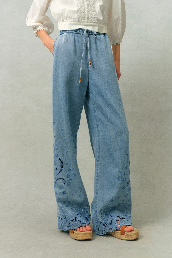 Vinetta Floral Embroidered Cut Out Jeans in Cotton-Linen Denim | Fabrique