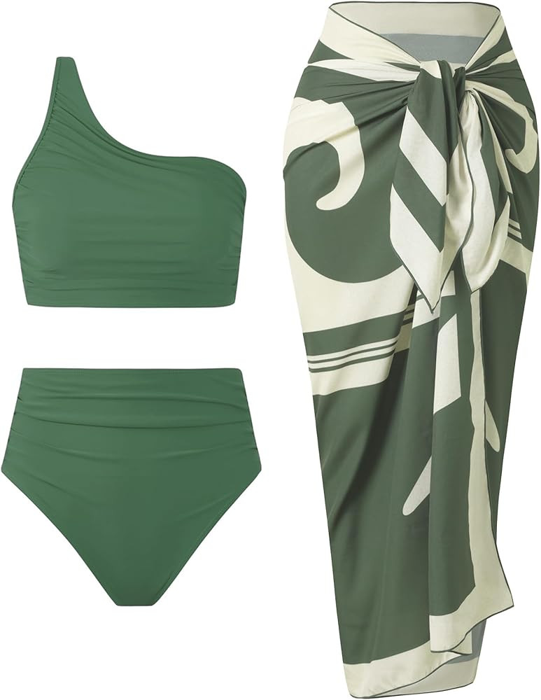 3 Piece Swimsuits for Women High Waisted Bikini Sets Retro Swimsuit with Cover up Beach Wrap Skir... | Amazon (US)