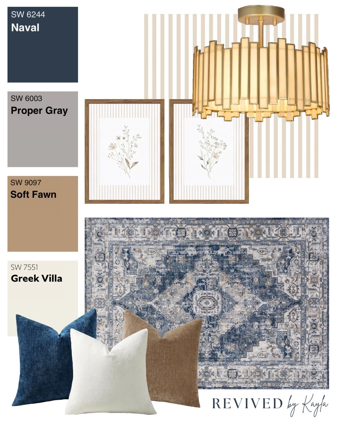 Navy blue, tan, and gray room design mood board ✨ 

Gold light fixture, tan stripe wallpaper, floral framed wall art, blue tan and cream area rug, throw pillows, paint colors 

#homedesign #homedecor #livingroom #bedroom #office #interiordesign #homeinspo #homestyling #decor #design #modern #home #modernhome #homepainting #sherwinwilliams #wayfair #amazon

#LTKHome