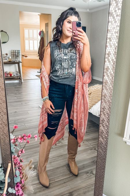 The country concert look when you don’t have anything “country” to wear. 
These jeans are amazing and so comfy. 
The kimono adds a fun pizazz. 
Add in some silver and turquoise jewelry to complete the look. 
I don’t have “cowboy boots” but these boots will work just fine. They are super comfy and will be perfect for dancing  
Medium in the shirt and pants 
Shoes are size 8. 

#LTKOver40 #LTKFindsUnder100 #LTKFindsUnder50