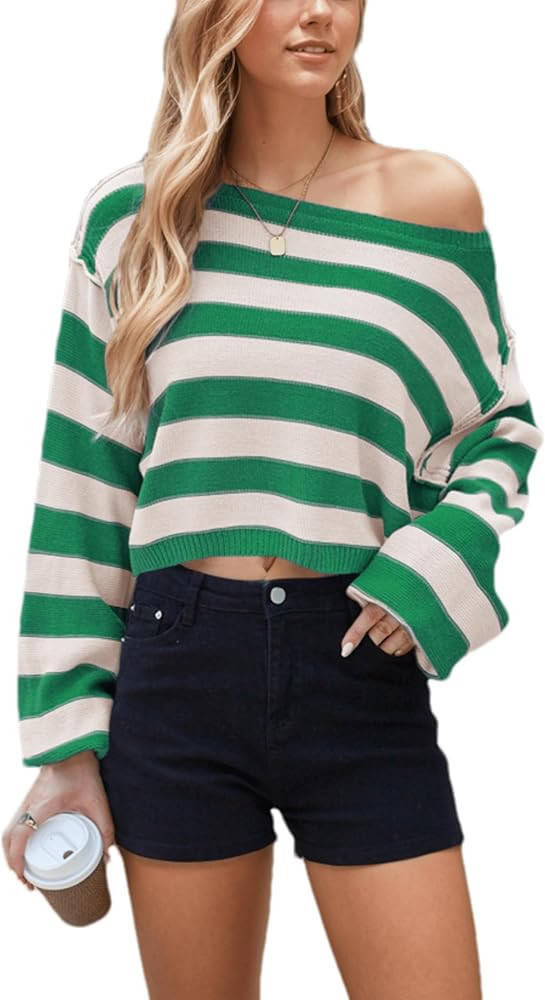 Mingzhu Women's Cropped Oversized Striped Sweater Crewneck Long Sleeve Knit Pullover Sweater | Amazon (US)