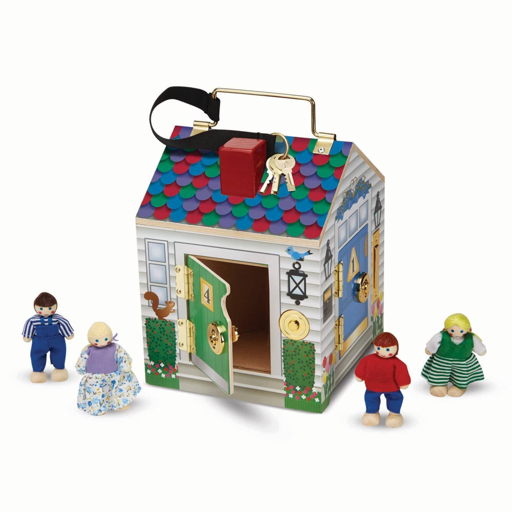 Melissa & Doug Take-Along Wooden Doorbell Dollhouse - Doorbell Sounds, Keys, 4 Poseable Wooden Dolls | Target