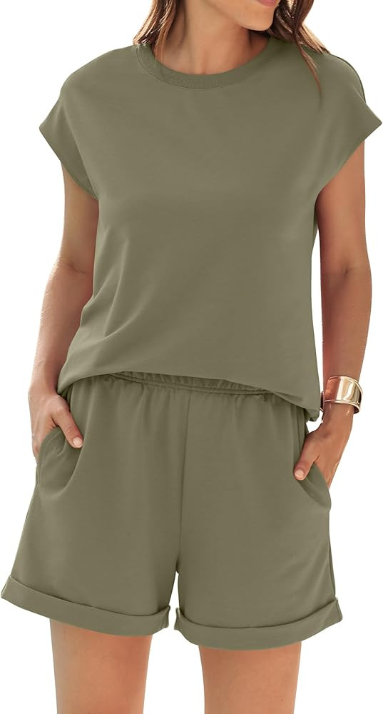 2 Piece Outfits for Women Lightweight Matching Lounge Sets Cap Sleeve Top and Elastic Waisted Sho... | Amazon (US)
