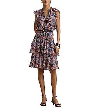 Lauren Ralph Lauren Floral Print Georgette V-Neck Short Sleeve Ruffle Tiered Dress - 14 | Dillard's
