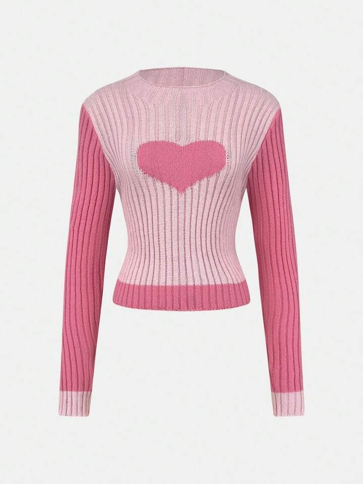 SHEIN Qutie Women'S Heart Pattern Color Block Sweater | SHEIN