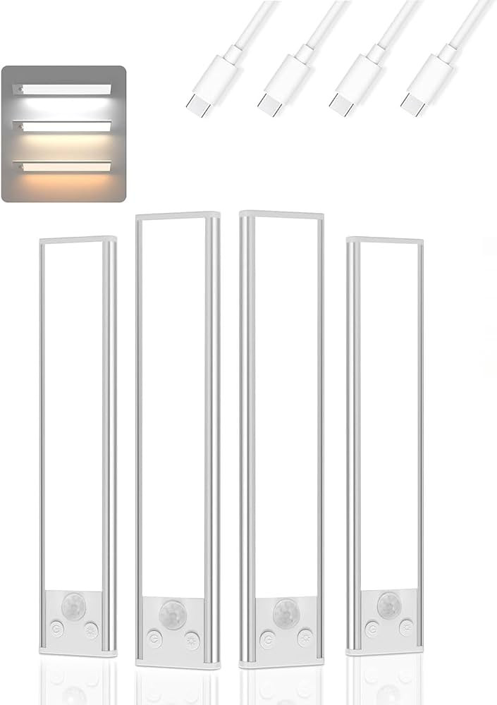 Under Cabinet Lighting, 3 Color Magnetic Motion Sensor Light Indoor, 4 Pack USB Rechargeable Clos... | Amazon (US)