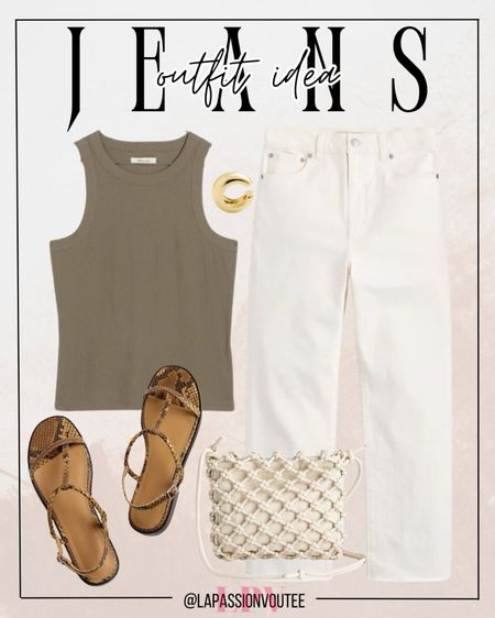 Refresh your summer wardrobe with Madewell’s white straight crop jeans and a trendy cutaway tank top. Accessorize with a stylish puffy ear cuff, a sleek crossbody bag, and comfortable thong sandals. This look is effortlessly cool and perfect for sunny days and casual outings.

#LTKStyleTip #LTKSeasonal