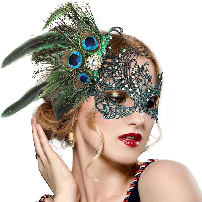 Lace Masquerade Masks for Women - 1920s Peacock Feather Venetian Mask for Halloween Couples Carni... | Amazon (US)