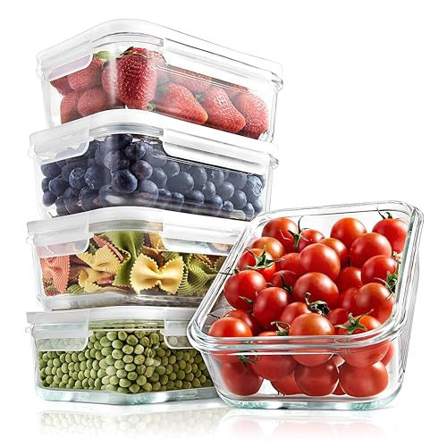 NutriChef 10-Piece Superior Glass Food Storage Containers Set (5 Containers + 5 Locking Lids),Stackable Meal-prep Design, BPA-free Airtight Clear Locking lids with Vent Lids & Air Hole, NCCLX5 | Amazon (US)