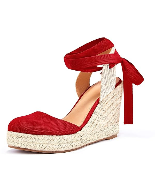 Ermonn Womens Espadrilles Wedge Sandals Platform Closed Toe Ankle Strap Lace Up Summer Shoes | Amazon (US)