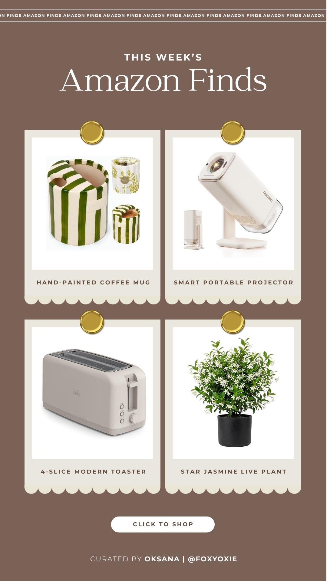 Four fun finds this week on Amazon: 
1) a porcelain, hand-painted coffee mug that’s going viral, 2) a smart portable projector that also oozes aesthetics, 3) 4-slice modern toaster that’s under $30 (!!!), and 4) a live plant star jasmine (did you know Amazon sold live plants?!)

#LTKHome #LTKSaleAlert #LTKSeasonal