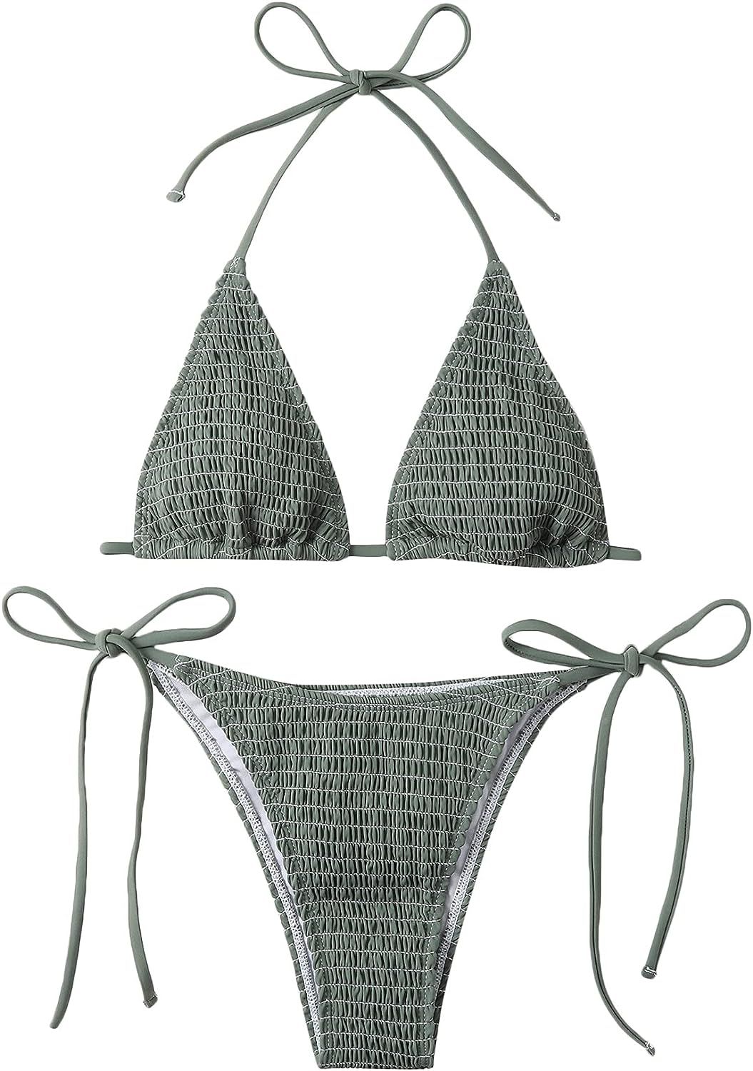 SweatyRocks Women's 2 Piece Triangle Bathing Suit Halter Top ​Tie Side Thong Bikini Swimsuits | Amazon (US)