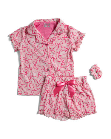 Little Girls 2pc Bows Jersey Short Pajama Set With Scrunchie | TJ Maxx