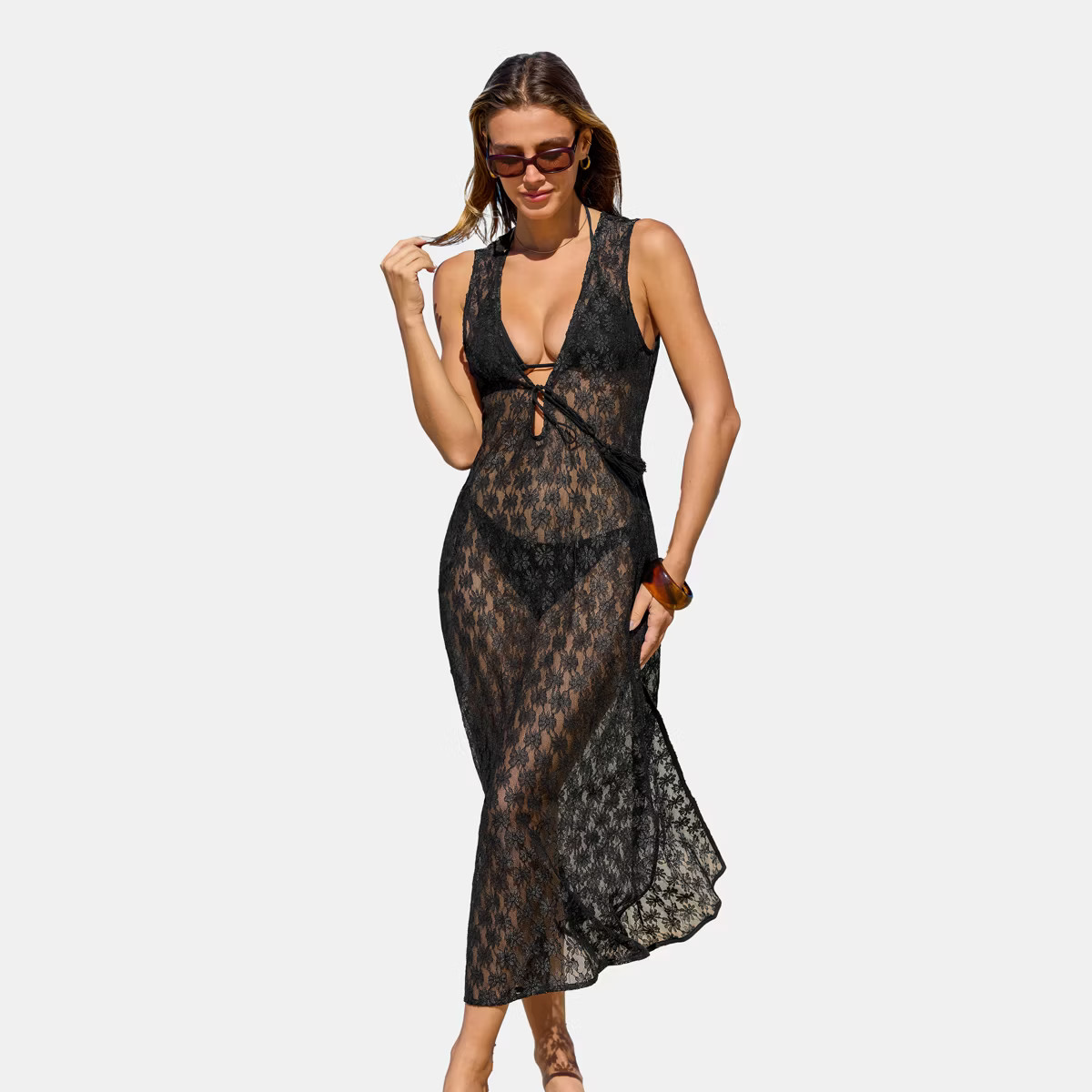 Women's Knit Black Sheer Midi Swimsuit Cover-Up Dress with Daisy Pattern and Front Tie Detail - C... | Target