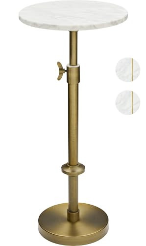 Adjustable-Height Marble Drink Table - 10x10x22-30, White Marble & Antique Brass, Modern Round End Table, Side Table with Pedestal Stand for Small Spaces, Vintage Metal Martini Cocktail Accent | Amazon (US)