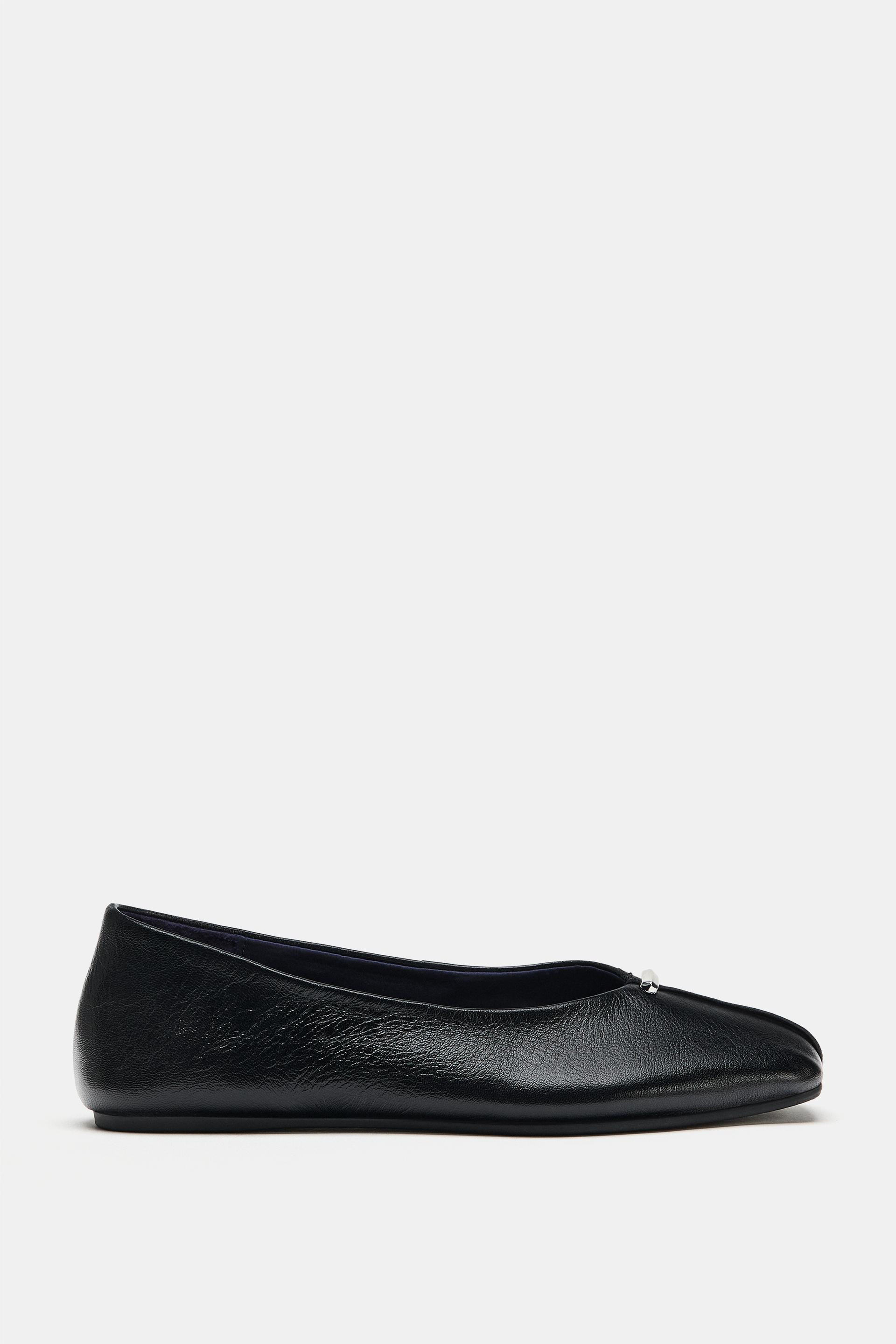 Zara - Leather Ballerinas With Metallic Detail - Black - 10 - Woman | Zara US