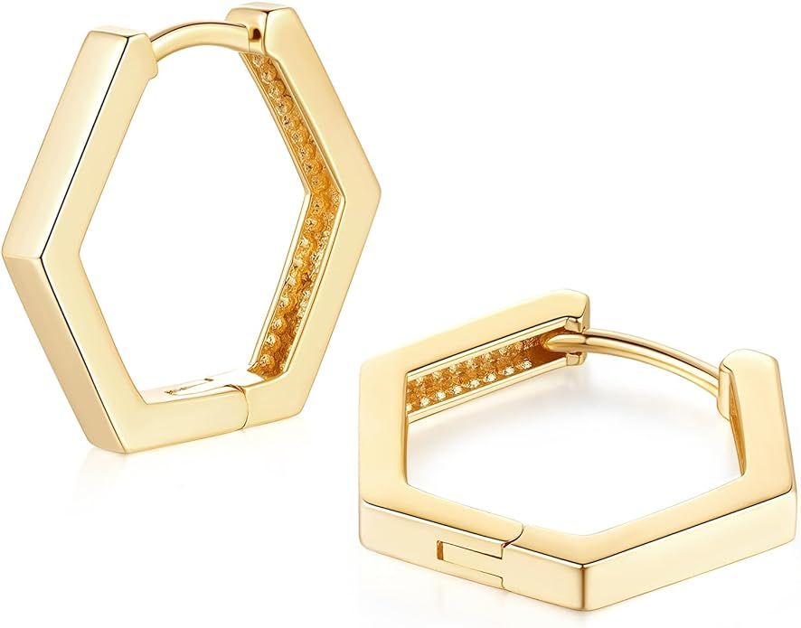 14K Gold Hoop Earrings for Women in Hexagon Styles Delicate Simple Thick Gold Hoop Earrings Aller... | Amazon (US)