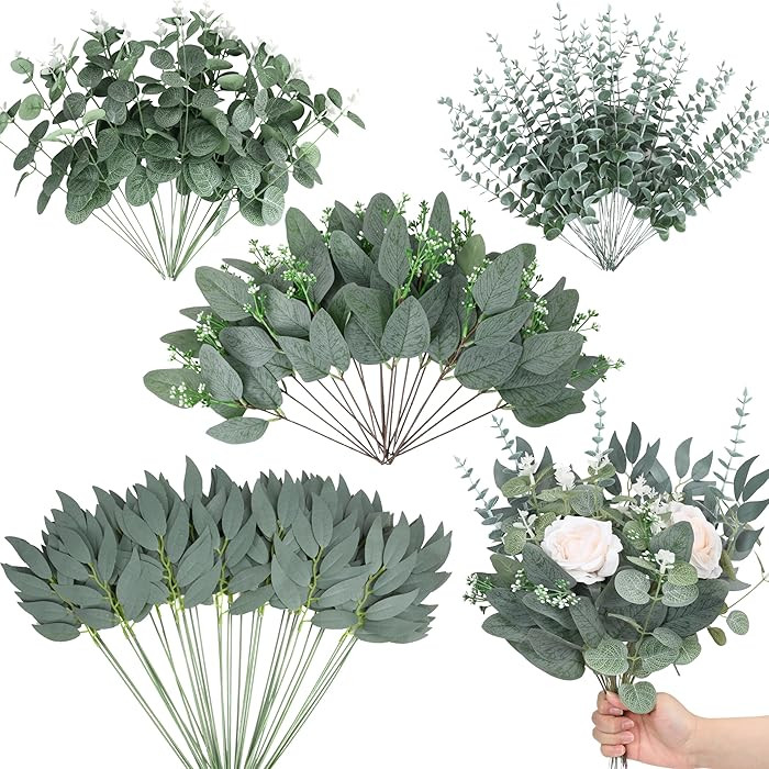 150 Pcs 4 Kinds Mixed Artificial Eucalyptus Leaves Stems Bulk Fake Silver Dollar Eucalyptus Bundl... | Amazon (US)