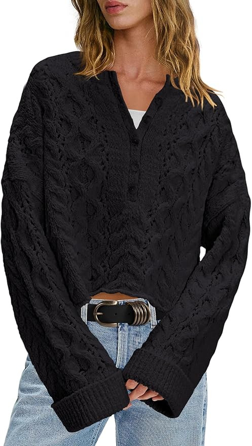 LAMISSCHE Cable Knit Sweater Women Cropped Sweaters Oversized Fall Sweaters Long Sleeve Half Butt... | Amazon (US)