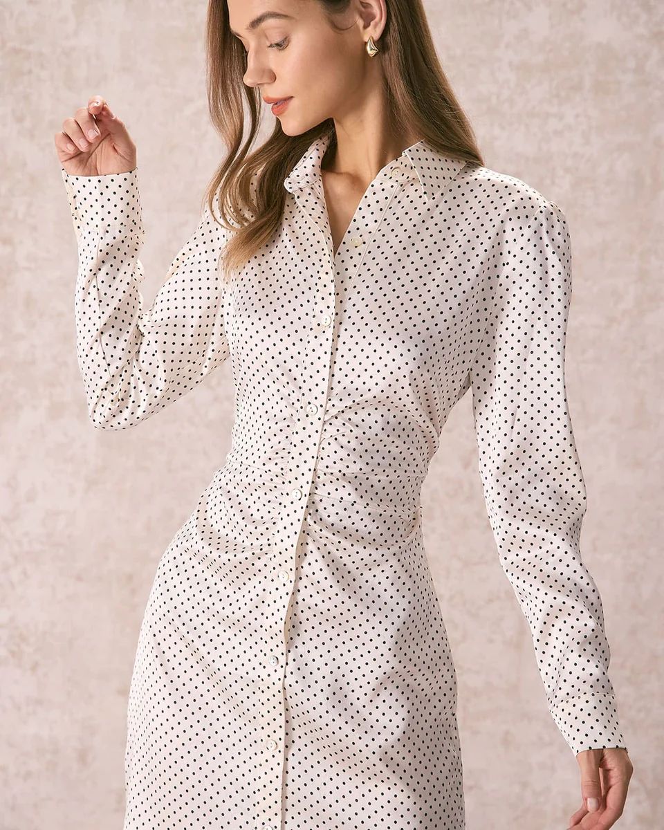 The Beige Polka Dot Button Shirt Midi Dress & Reviews - Beige - Dresses | RIHOAS | rihoas.com