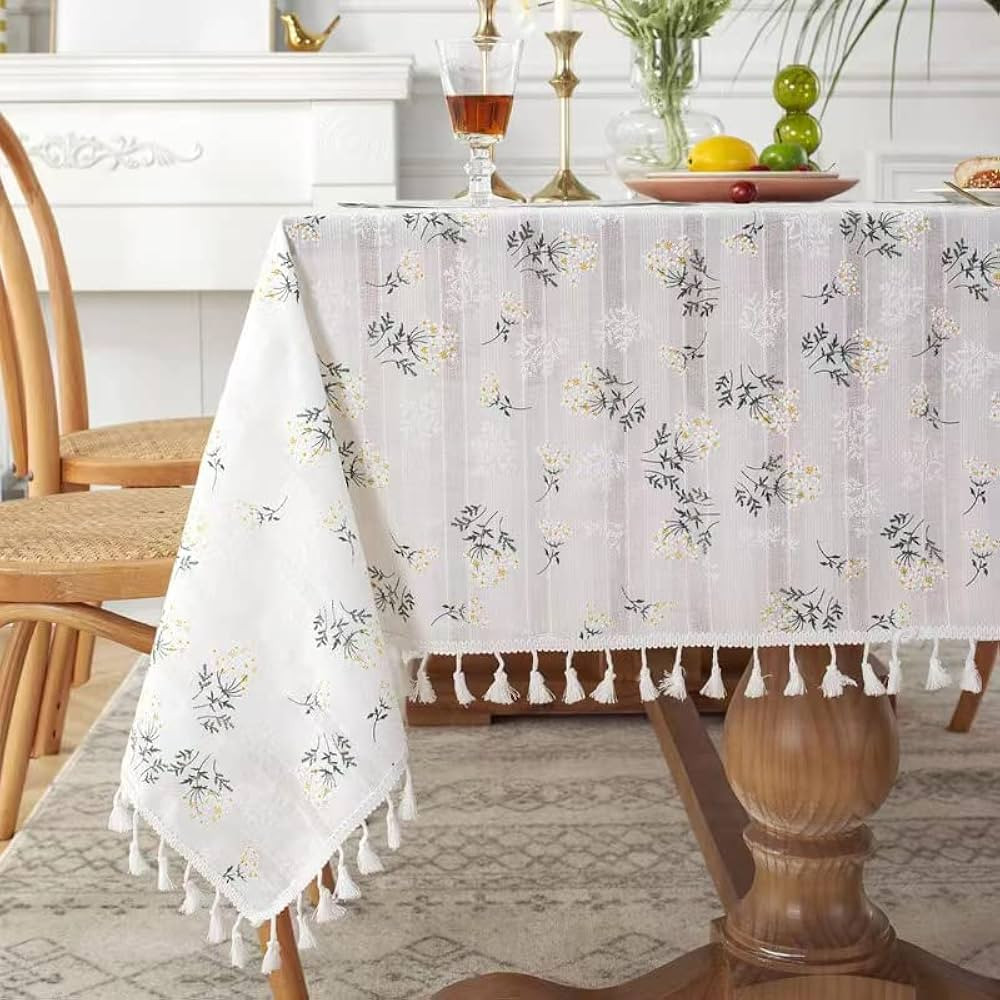 YUURAIN VUVU Floral Cotton Linen Fabric Tablecloth, Stitching Tassel Tablecloth for Kitchen Dinin... | Amazon (CA)