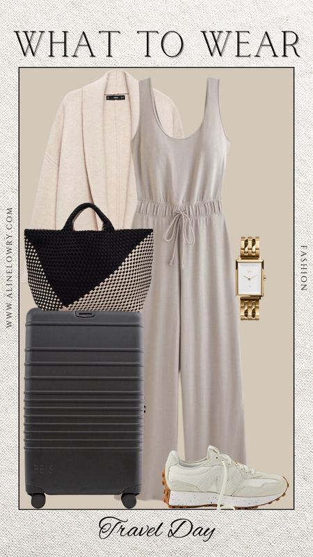 What to wear for a travel day - warm destination airport outfit idea. Wide leg neutral jumpsuit, cream cardigan, tote, new balance sneakers. 

#LTKSeasonal #LTKtravel #LTKstyletip
