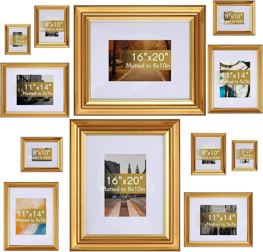 12 Pack Gold Gallery Wall Frame Set with Mat Picture Frames for 16x20, 11x14, 8x10, 5x7 Photos, L... | Amazon (US)