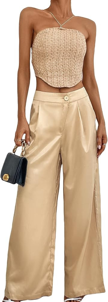 WDIRARA Women's Satin Pants Wide Leg High Waisted Loose Elegant Office Simple Pants | Amazon (US)